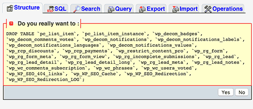 delete tables using sqleditor