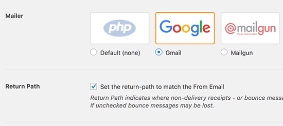 Selecione Gmail e defina o caminho de retorno