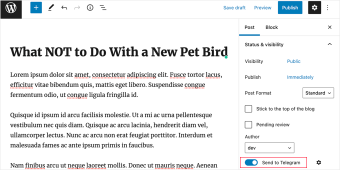 The WordPress Editor Now Has a Post to Telegram Setting
