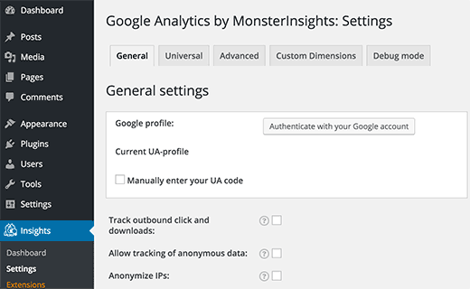 Аутентификация аккаунта Google для выбора профиля Analytics