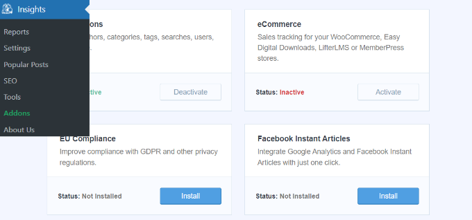 Install Facebook instant articles addon in MonsterInsights