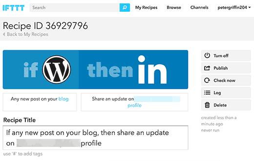 Your WordPress to LinkedIn recipe on IFTTT