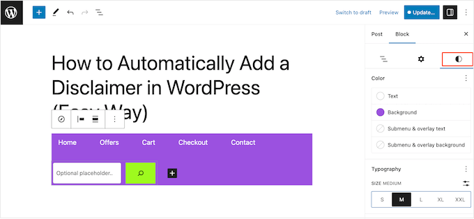 Tailoring the WordPress menu in a page or post