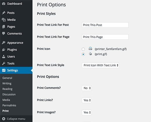 Reading options. Печатает в WORDPRESS. Print options.