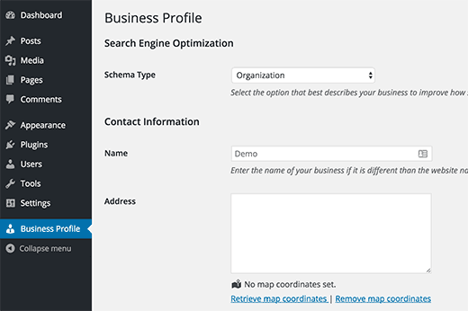 Business Profile plugin settings page