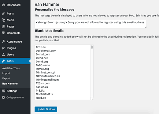 Settings page for Ban Hammer plugin