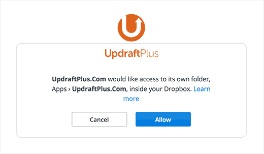 Разрешите UpdraftPlus доступ к Dropbox