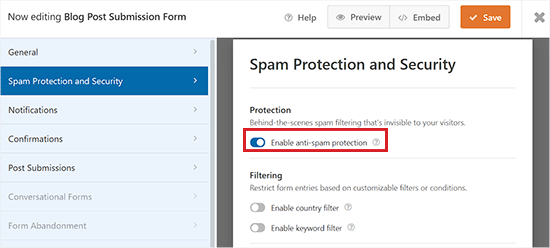 Configure spam protection settings for the form Configure spam protection settings for the form