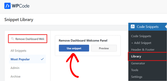 Поиск сниппета Remove Dashboard Welcome Panel в библиотеке WPCode