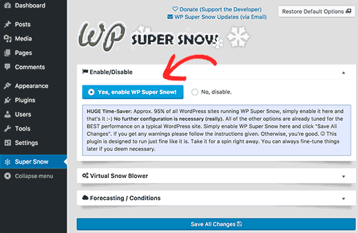 Страница настроек WP Super Snow