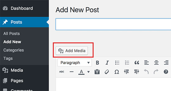 Нажмите на кнопку добавления медиа, чтобы загрузить свои фотографии в WordPress