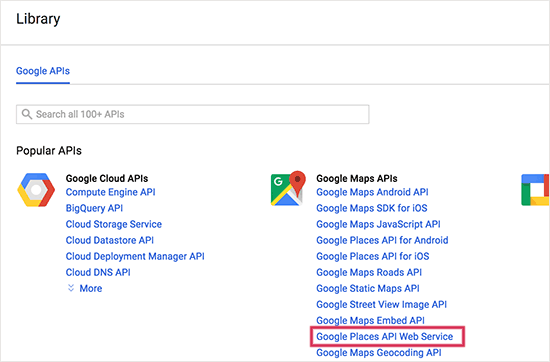 Выберите Google Places API