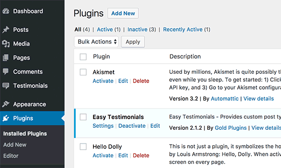 Installed WordPress plugins