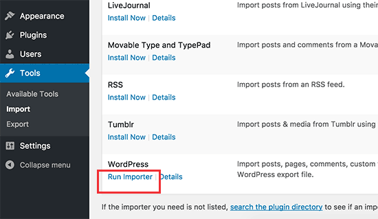 Запустите импортер WordPress