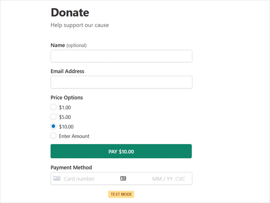 Пример формы пожертвования, созданной с помощью WP Simple Pay