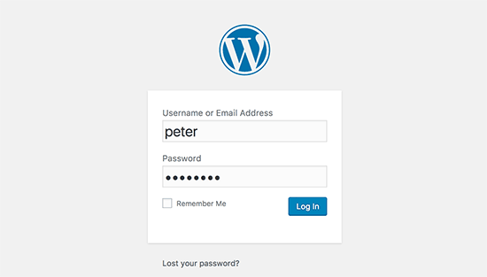 WordPress login dashboard