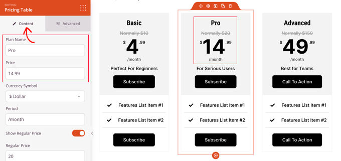 Customize Your Pricing Table Blocks Using the Content Tab