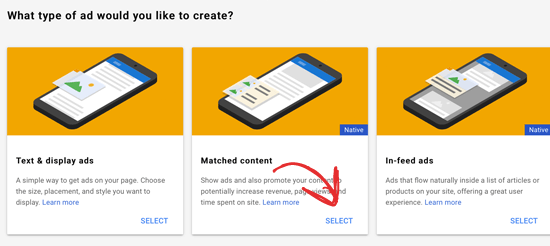Выберите Google Matched Content