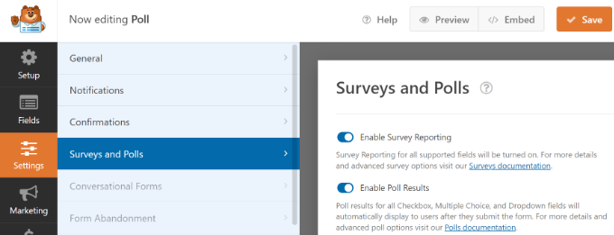 Enable survey and poll results option