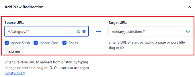 Kaynak ve hedef URL'yi ekleyin