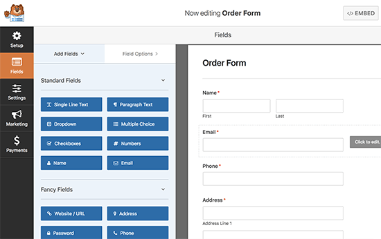 Editing order form