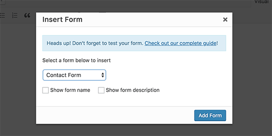 Select and insert form in a WordPress post or page