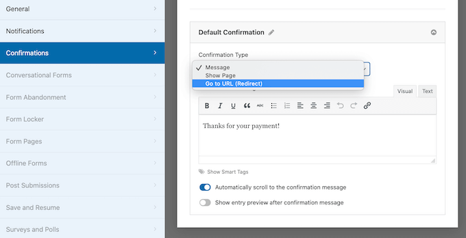 Changing the payment confirmation settings