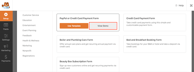 Previewing a credit card payment template