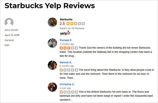 Display Yelp reviews in WordPress posts and pages