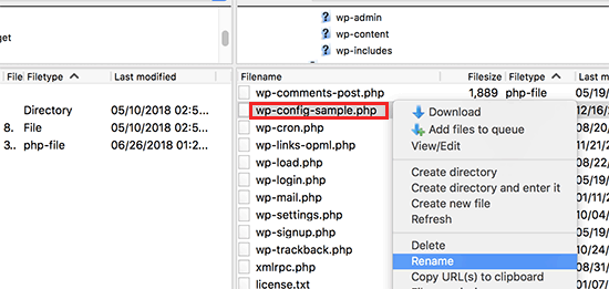 Переименование файла wp-config-sample.php