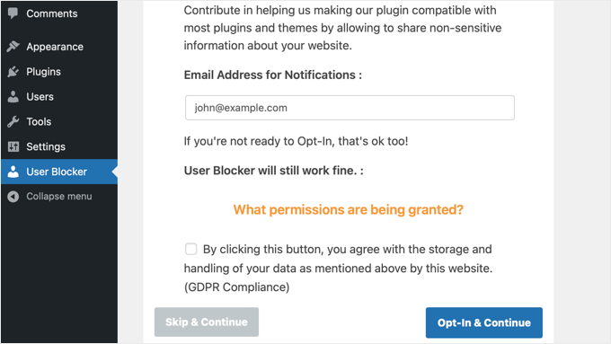 Accetta o salta la mailing list del blocco degli utenti