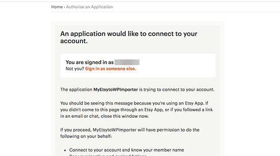 Allow app to access your Etsy shop