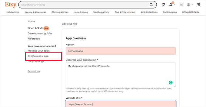 Create Etsy app