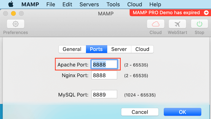 The Apache Port settings