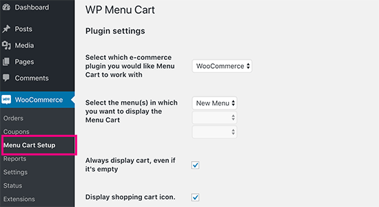 Menu Cart settings