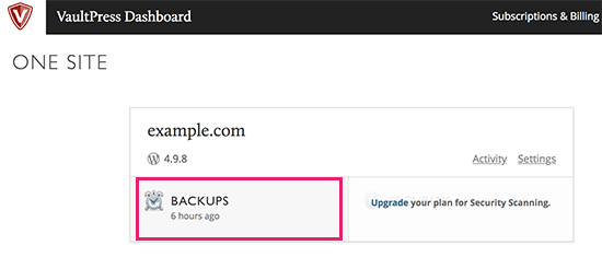 VaultPress dashboard backups