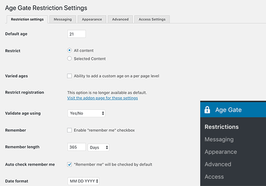 Age Gate settings
