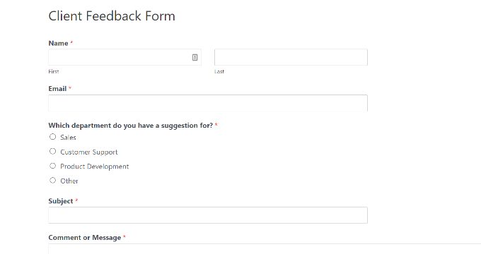 Client feedback form preview