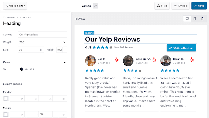 Adding a custom header to a Yelp, Facebook or Google review feed