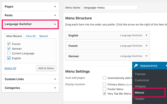 Adding language switcher to WordPress navigation menus