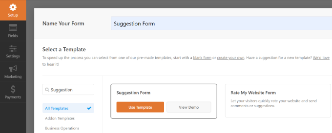 Select the suggestion form template