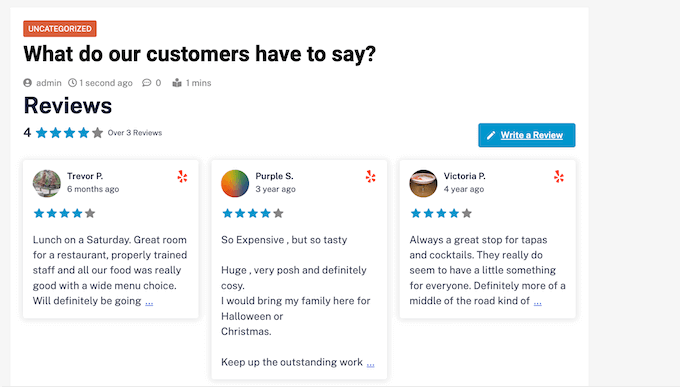 Customer reviews, displayed on a WordPress website