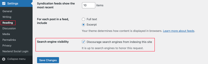 Online Search Engine Visibility Setting in WordPress