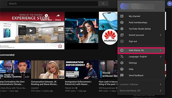 YouTube dark theme