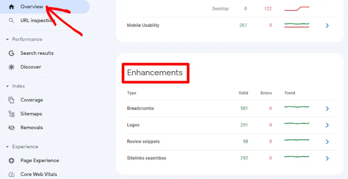 Enhancements section in search console 