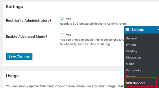 SVG support settings