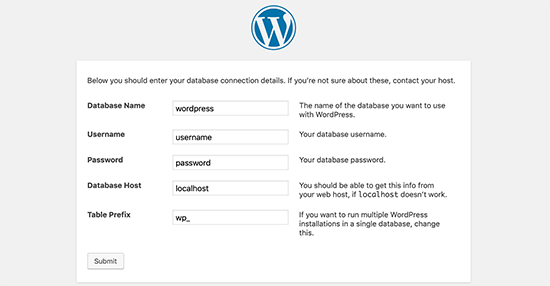 Введите информацию о базе данных для установки WordPress