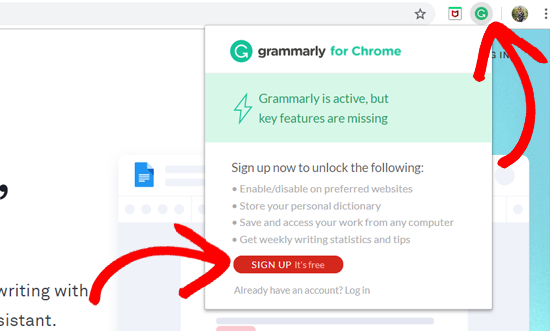 Расширение Grammarly в Chrome - Регистрация