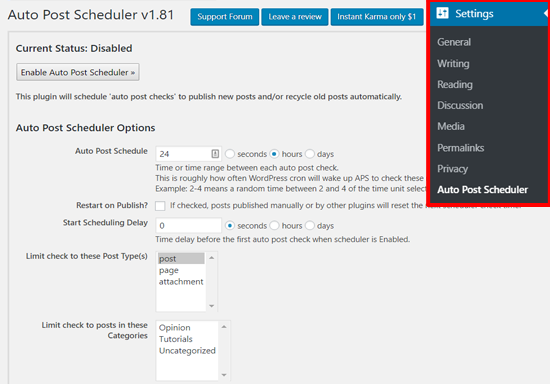 Auto Post Scheduler Settings in WordPress