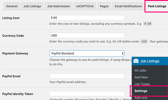 Settings list